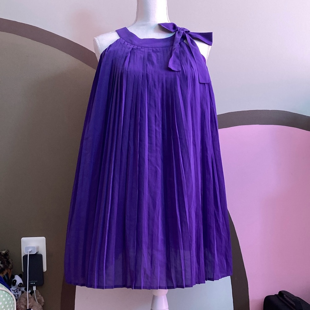 Purple Pleated Tie Front Halter Sundress